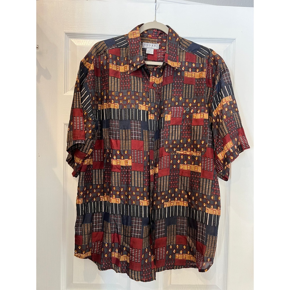 Vintage Bogari Studio Button Down 100% Silk Geometric Abstract Vintage 90s L
